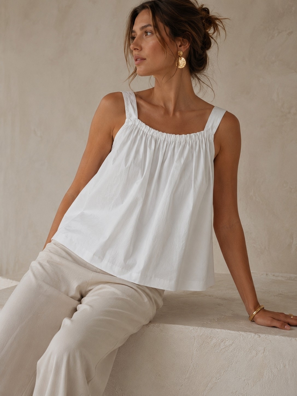 Dex White Poplin Tank Top L Minimalist Coastal Chic Capsule Wardrobe Summer Airy